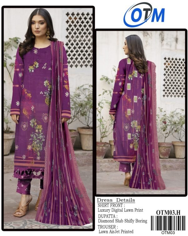 OTM Digital Lawn With Diamond Slub Shiffli Boring Dupatta
