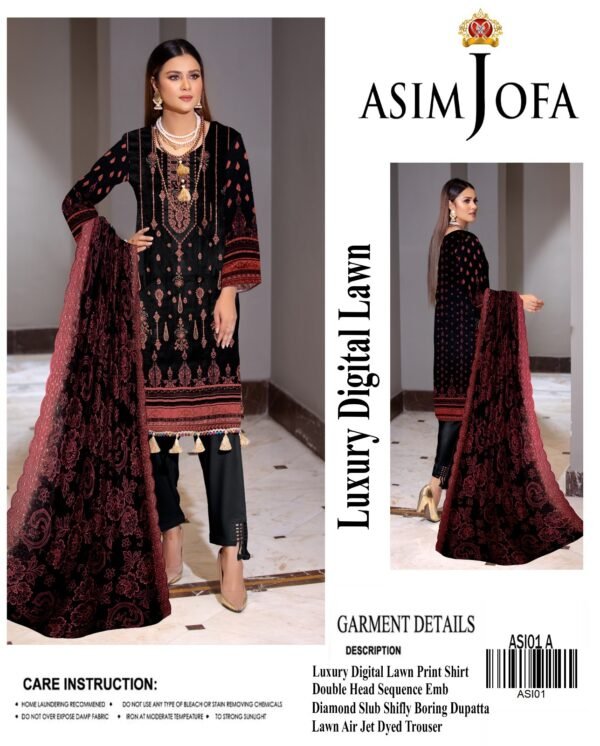 Asim Jofa Digital Lawn With Diamond Slub Shiffli Boring Dupatta