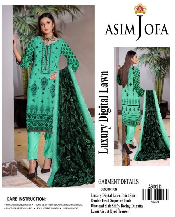 Asim Jofa Digital Lawn With Diamond Slub Shiffli Boring Dupatta