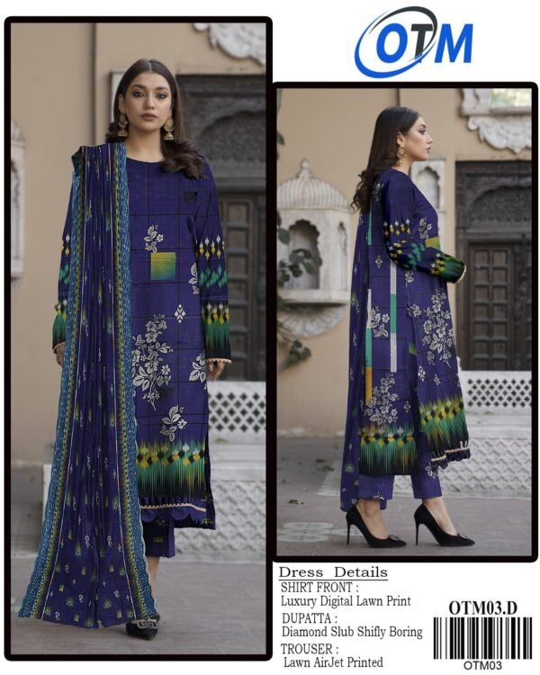 OTM Digital Lawn With Diamond Slub Shiffli Boring Dupatta