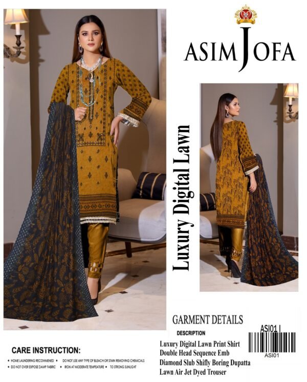 Asim Jofa Digital Lawn With Diamond Slub Shiffli Boring Dupatta